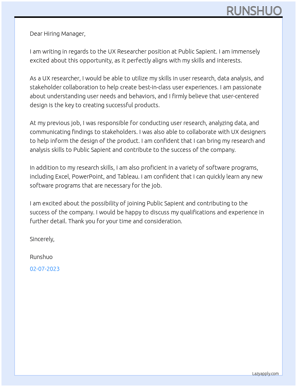 UX Researcher At Public Sapient Cover Letter