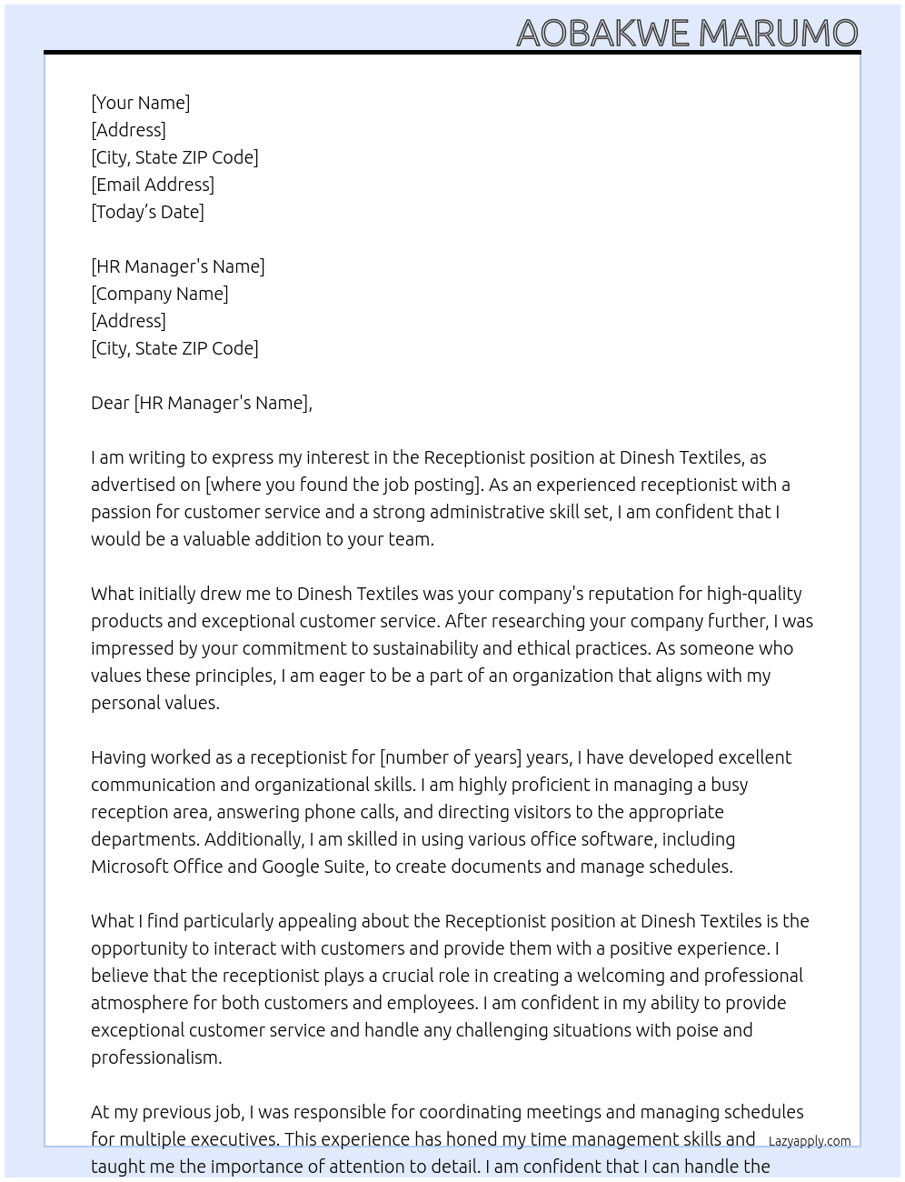 Receptionist At Dinesh Textiles Cover Letter