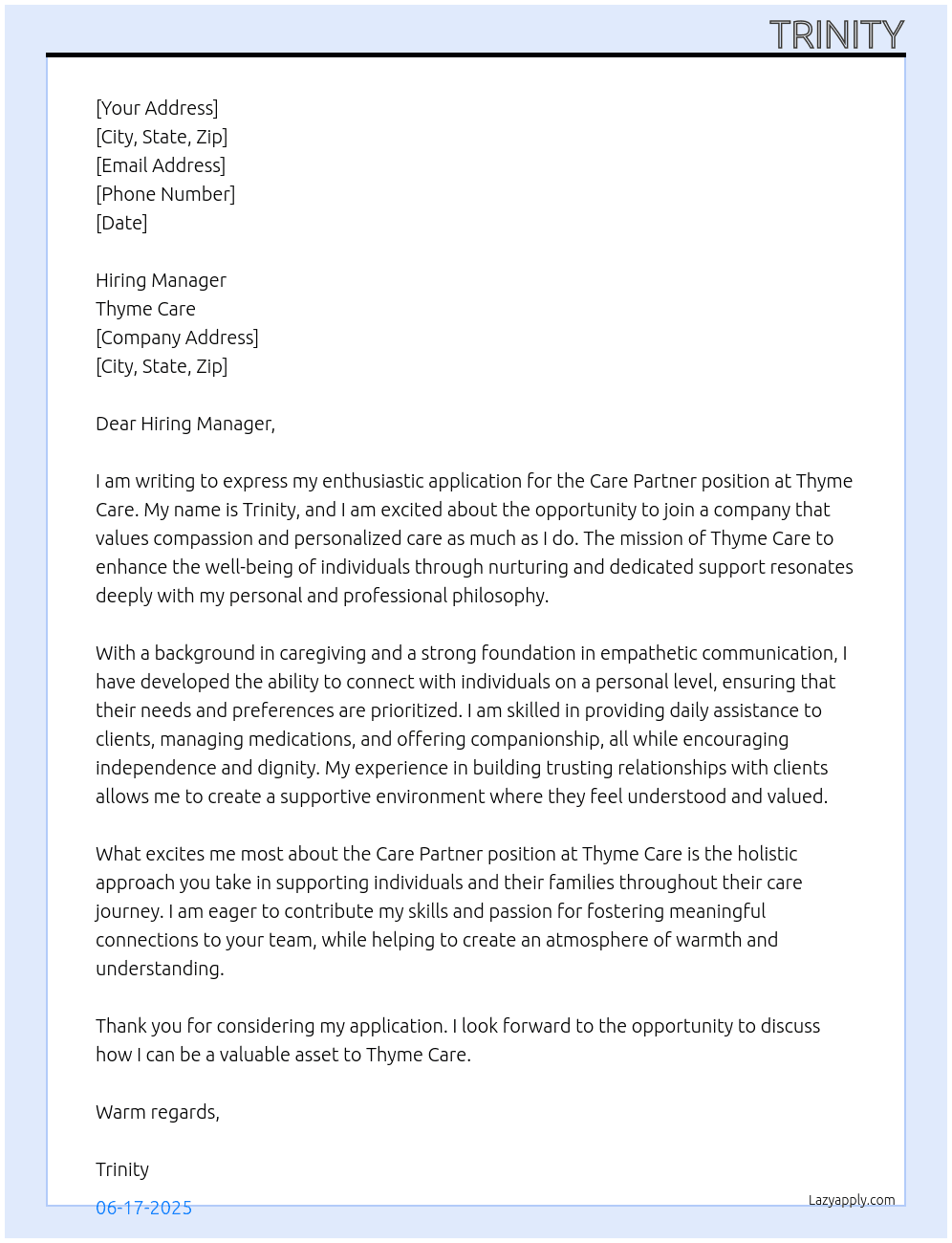 Care Partner At Thyme Care Cover Letter