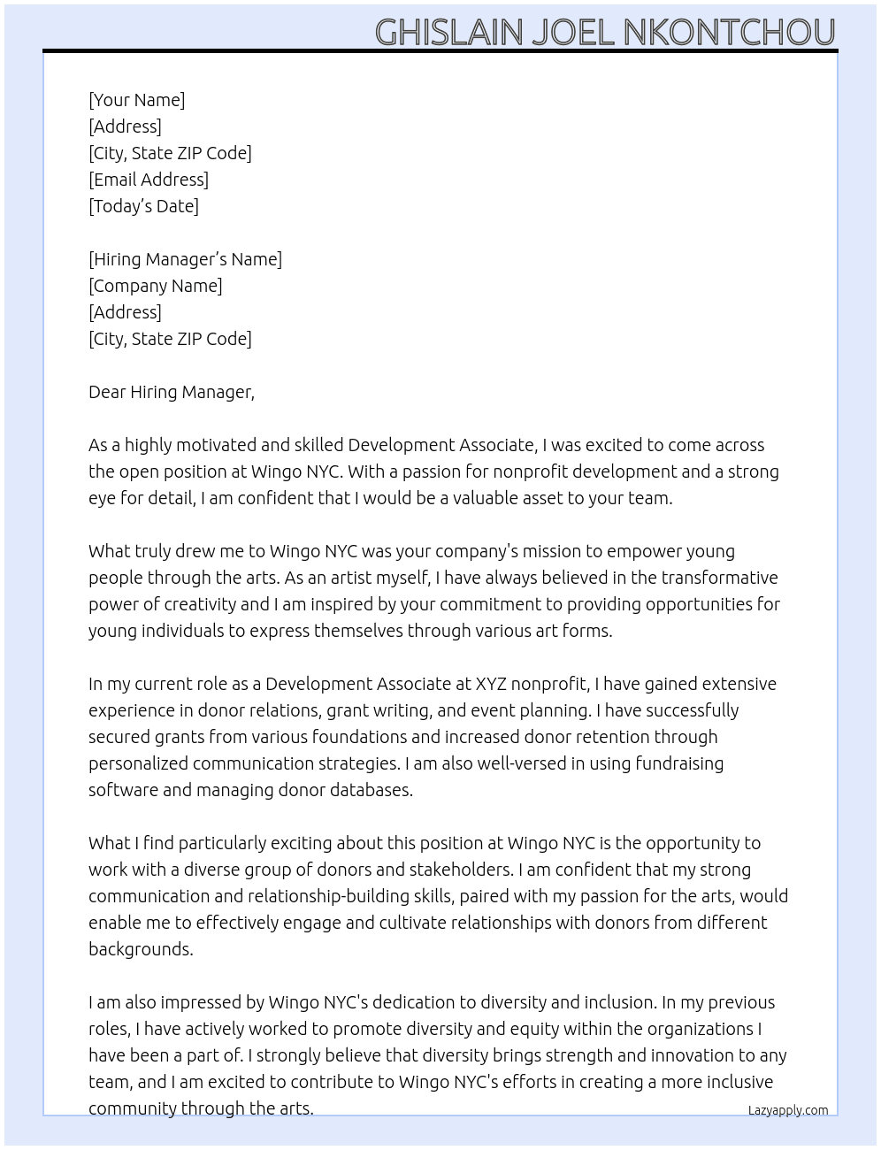 Development Associate At Wingo NYC Cover Letter
