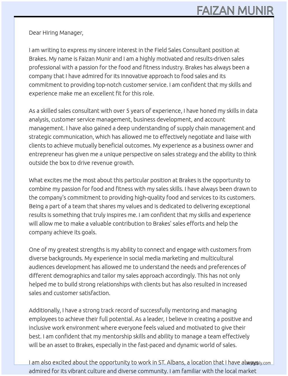 Field Sales Consultant At Brakes Cover Letter