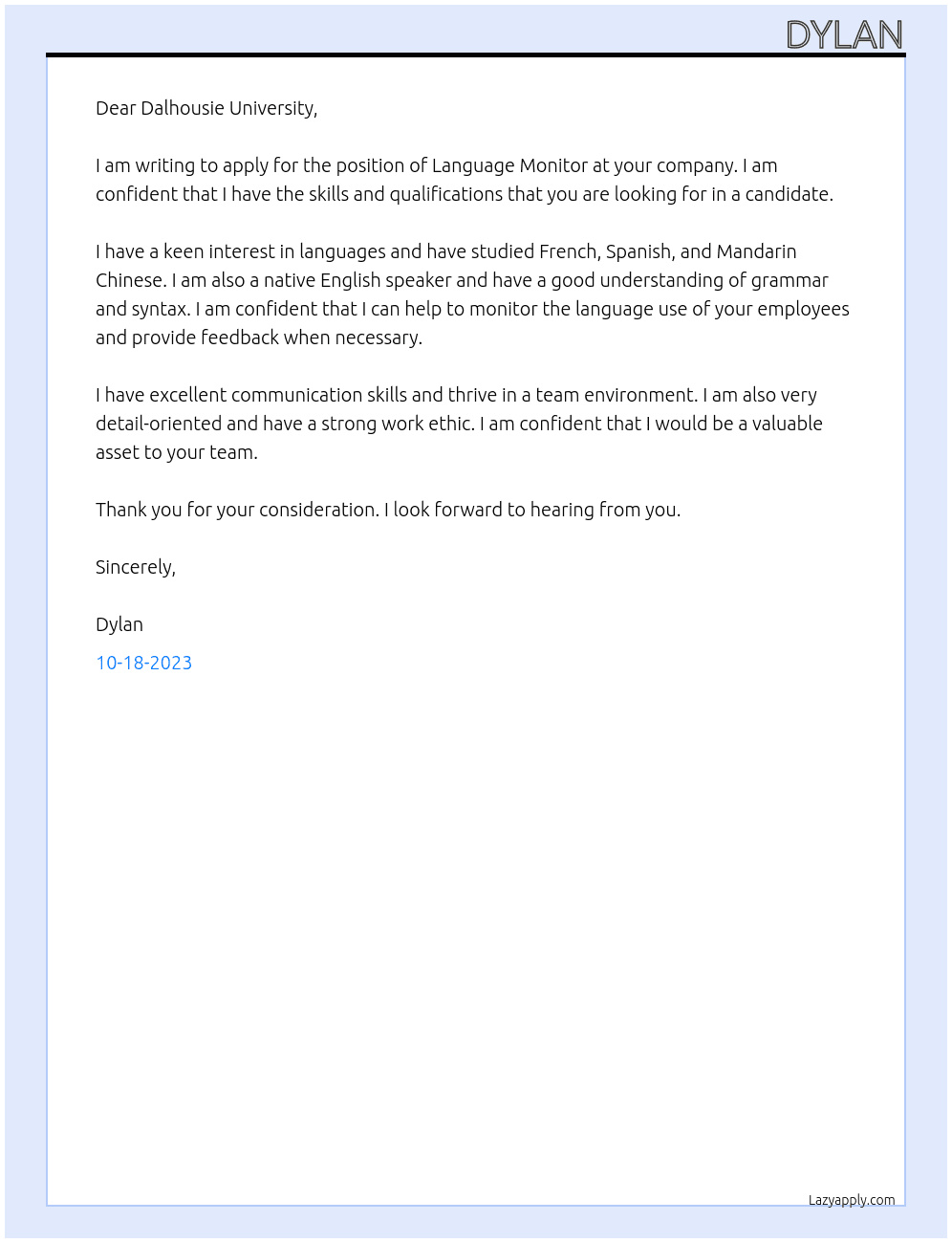 Language Monitor At Dalhousie University Cover Letter