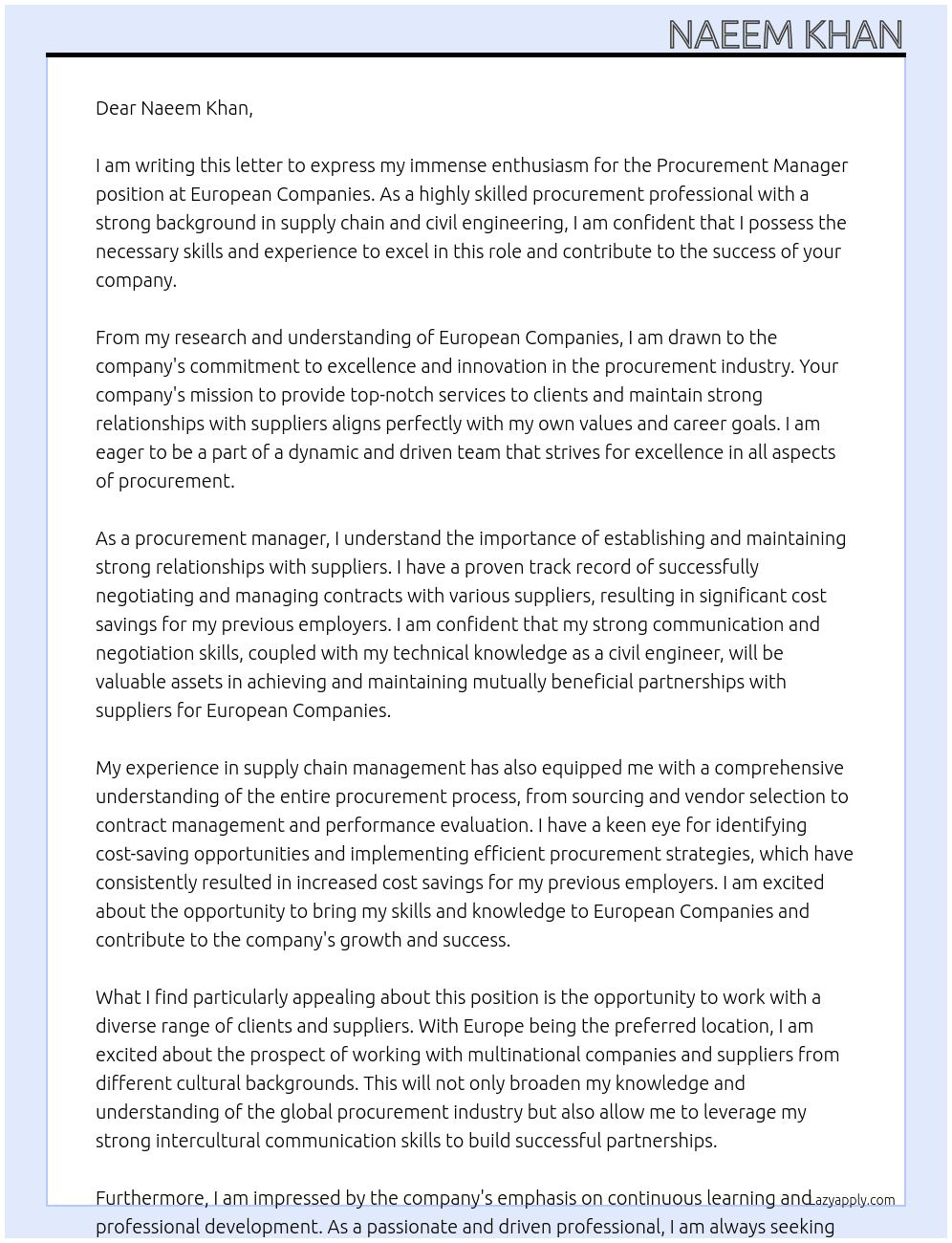 procurement manager At european companies Cover Letter