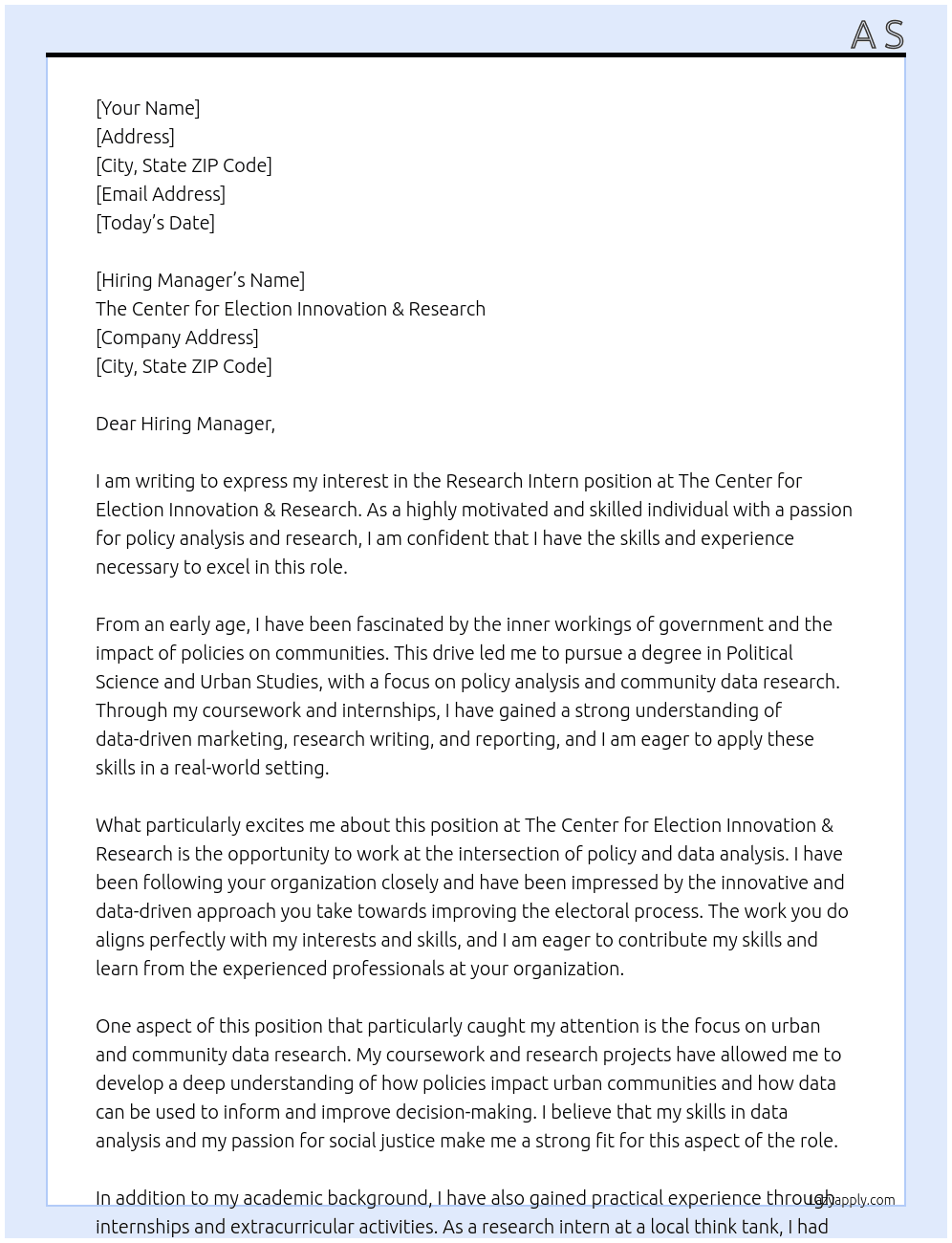  Research Intern (summer 2025) At The Center for Election Innovation & Research - Cover Letter