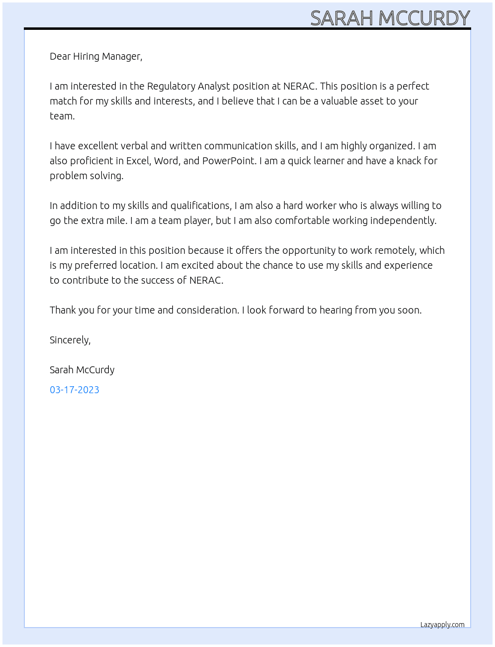 Regulatory Analyst At NERAC Cover Letter