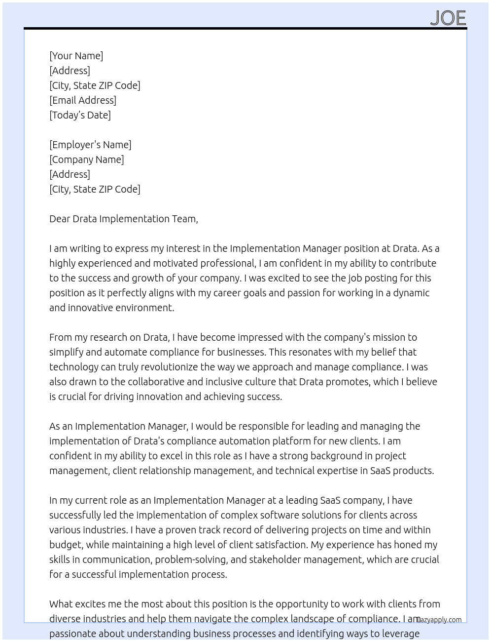 Implementation Manager At Drata Cover Letter