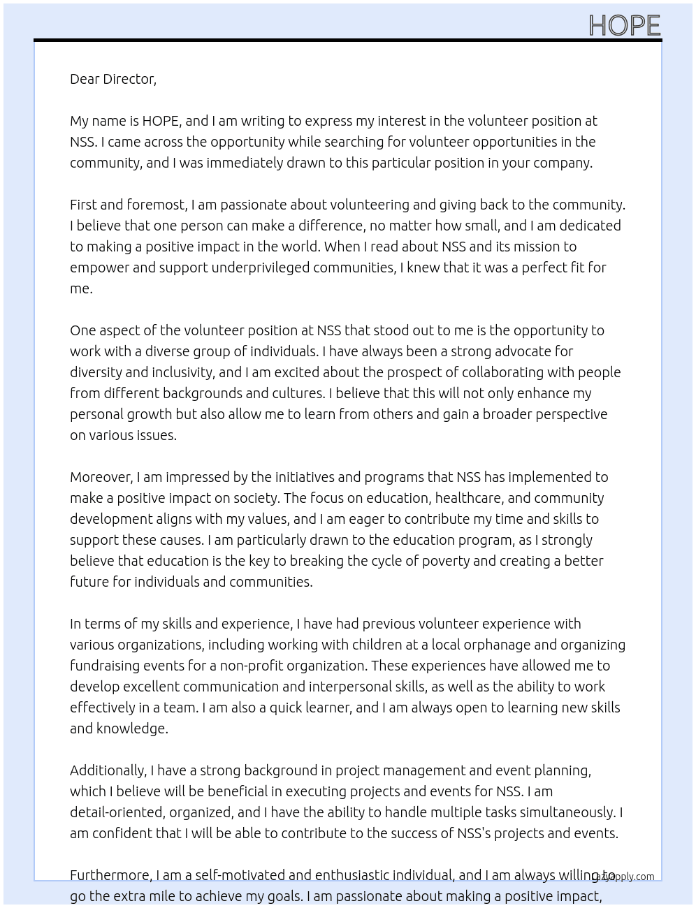 volunteer At NSS Cover Letter