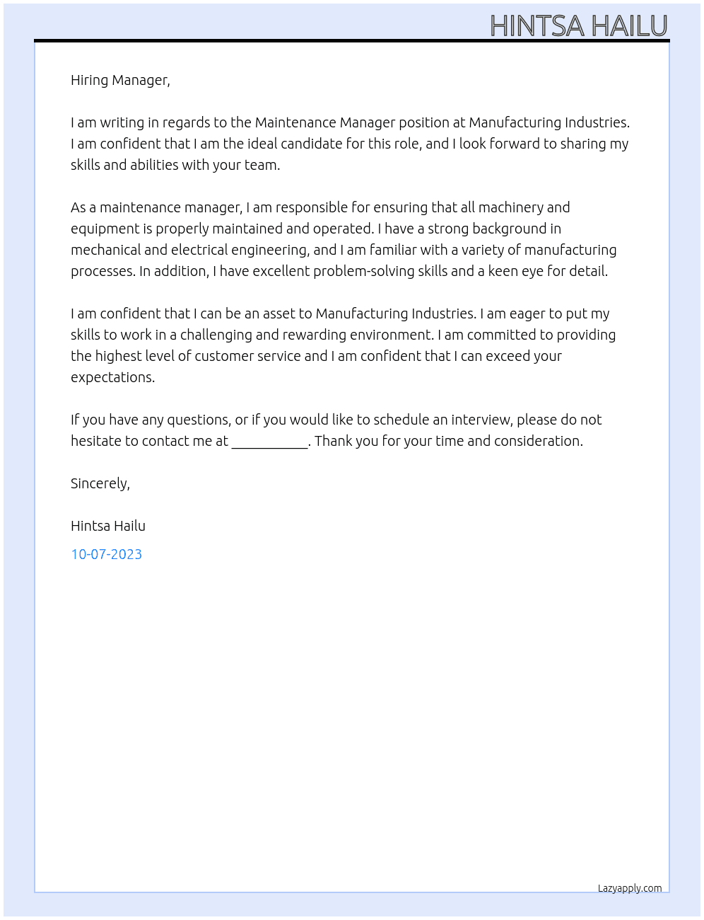 Maintenance Manager At Manufacturing Industries  Cover Letter