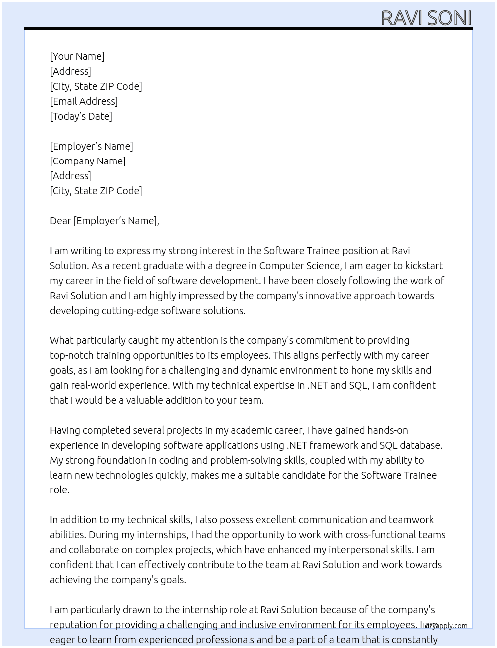 Software Trainee At Ravi Solution Cover Letter