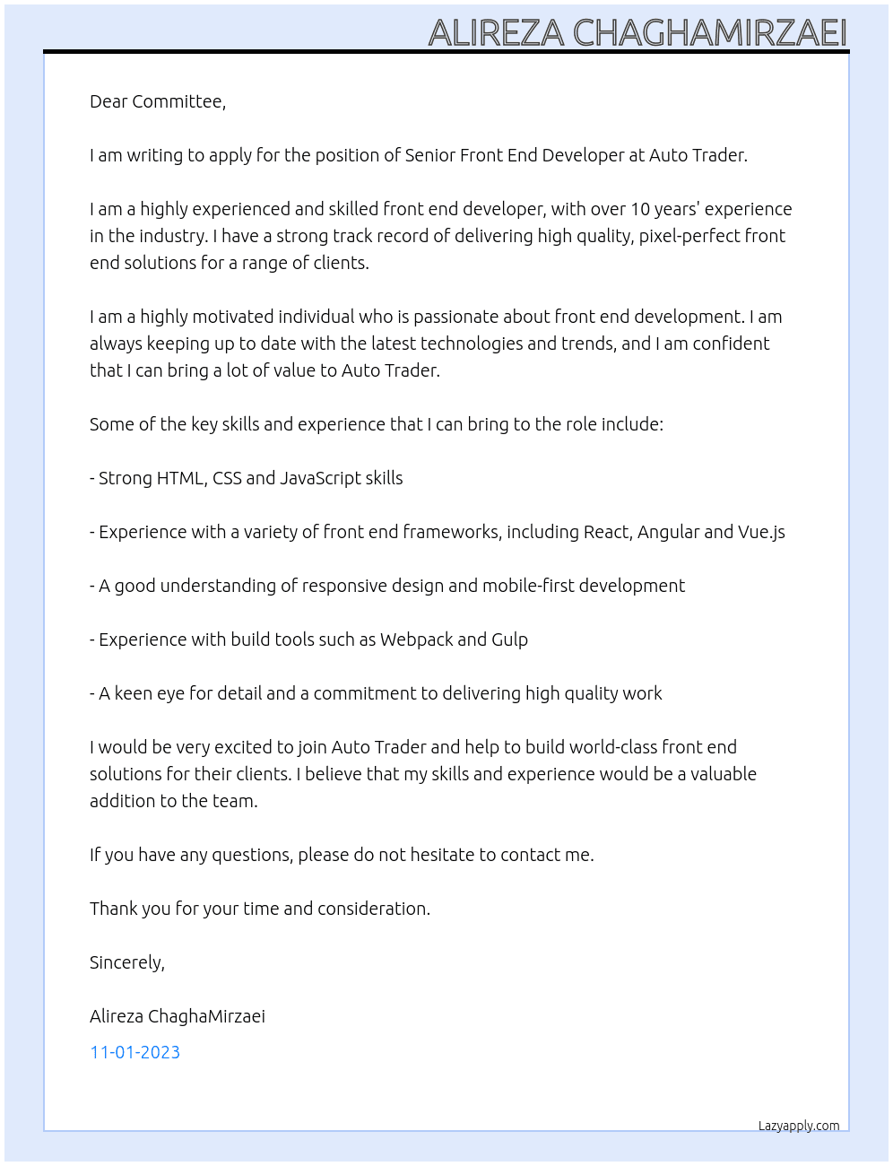 Senior Front End Developer At Auto Trader Cover Letter