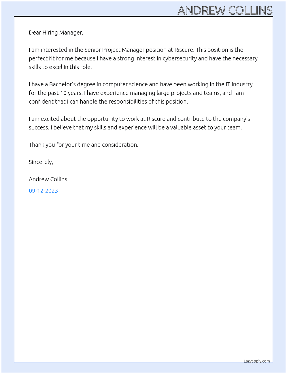 Senior Project Manager At Riscure Cover Letter