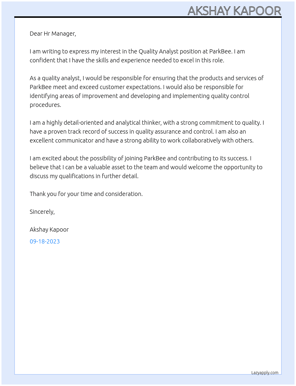 Quality Analyst At ParkBee Cover Letter