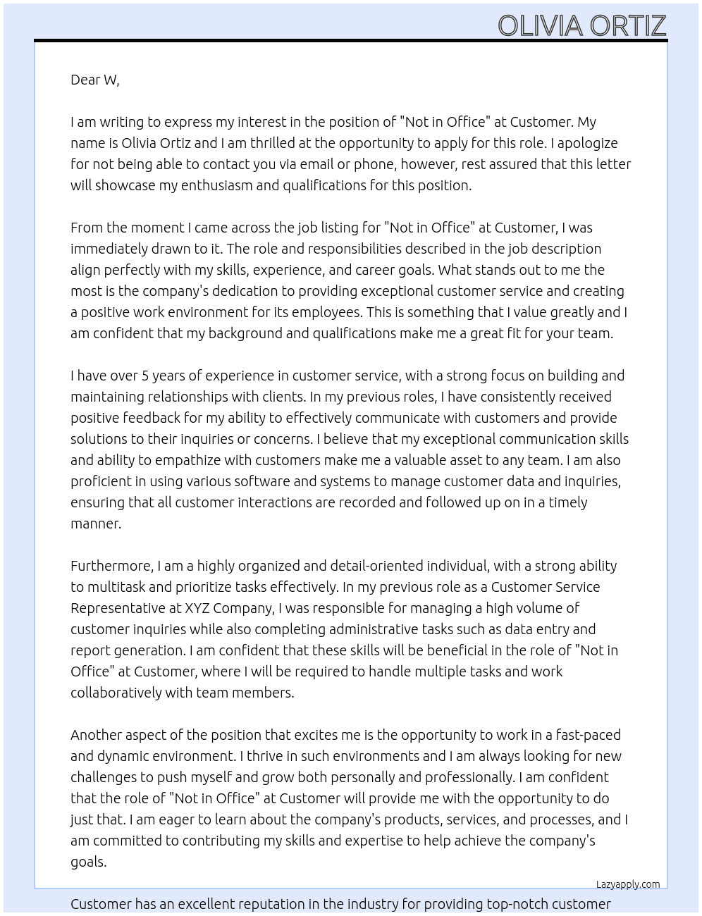 Not in office At Customer  Cover Letter