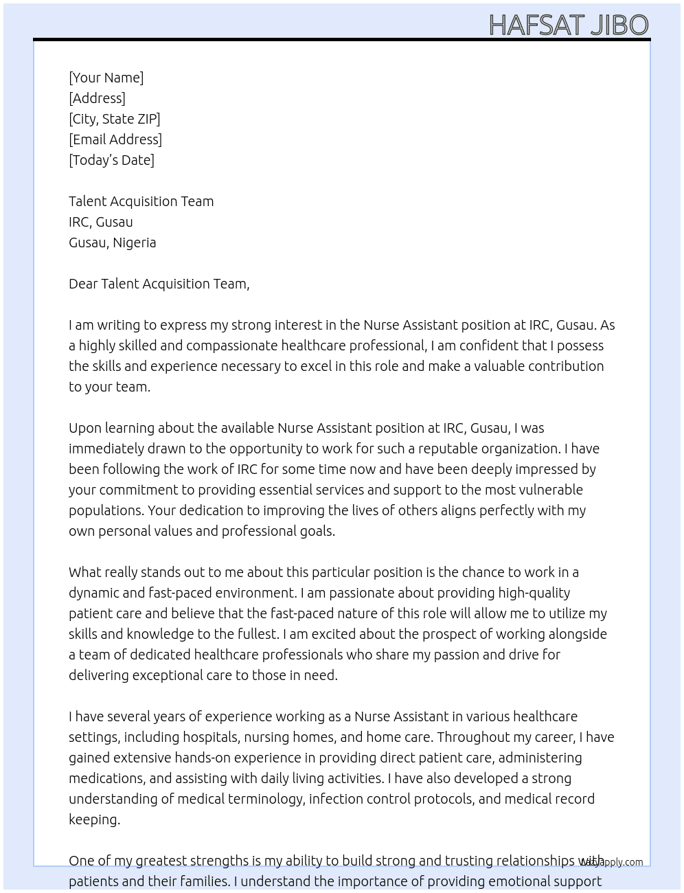 Nurse Assistant At IRC, Gusau Cover Letter