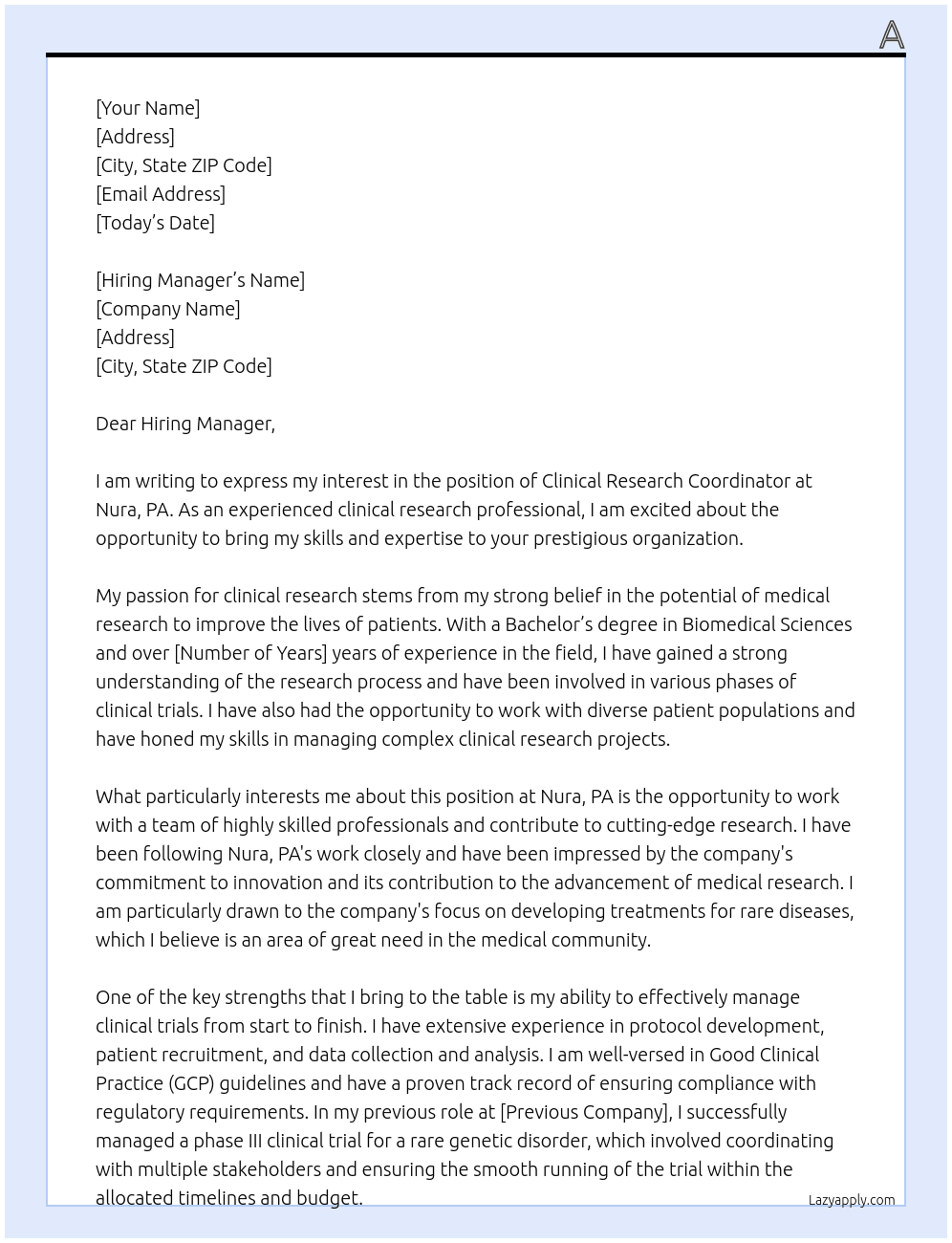 Clinical research Coordinator At Nura, PA Cover Letter