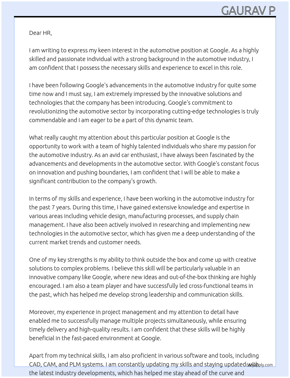 Cover letter for intrest in automotive - LazyApply