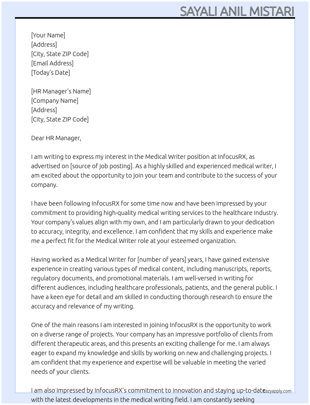 Medical Writer  At InfocusRX Cover Letter
