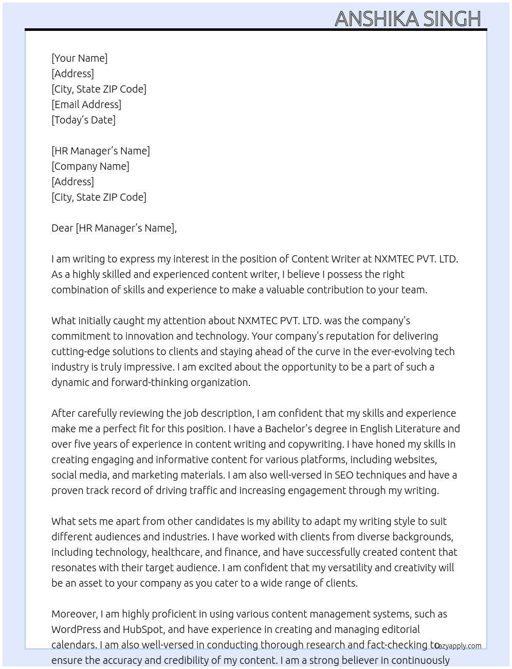 content writer  At NXMTEC PVT. LTD. Cover Letter