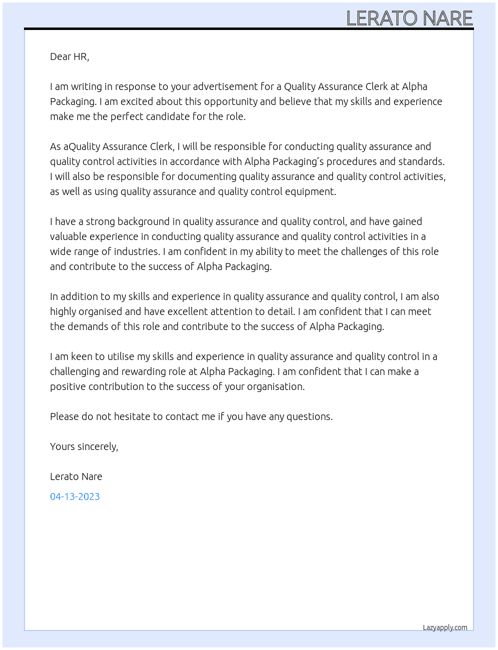 Quality Assurance Clerk At Alpha Packaging  Cover Letter