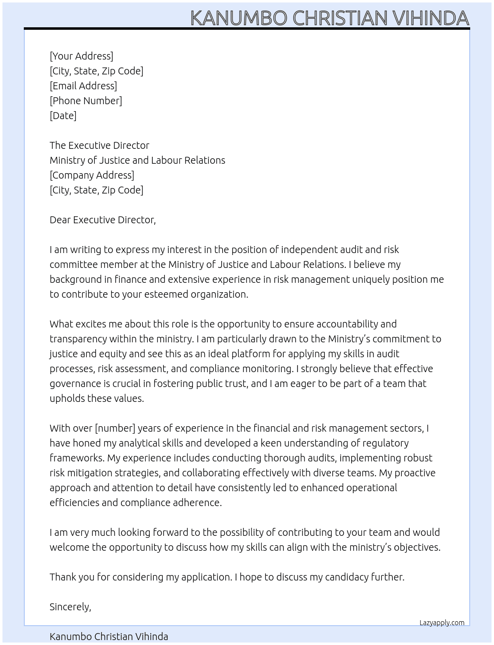 Appointment as independent audit and risk committee members At Ministry of Justice and Labour Relations Cover Letter
