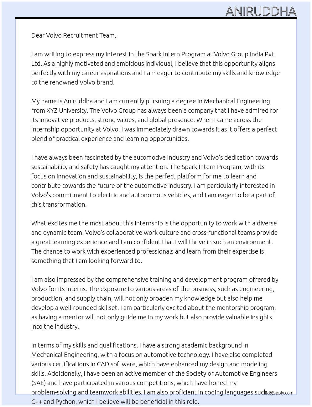 Spark Intern Program - Volvo Group India Pvt. Ltd At Volvo Cover Letter