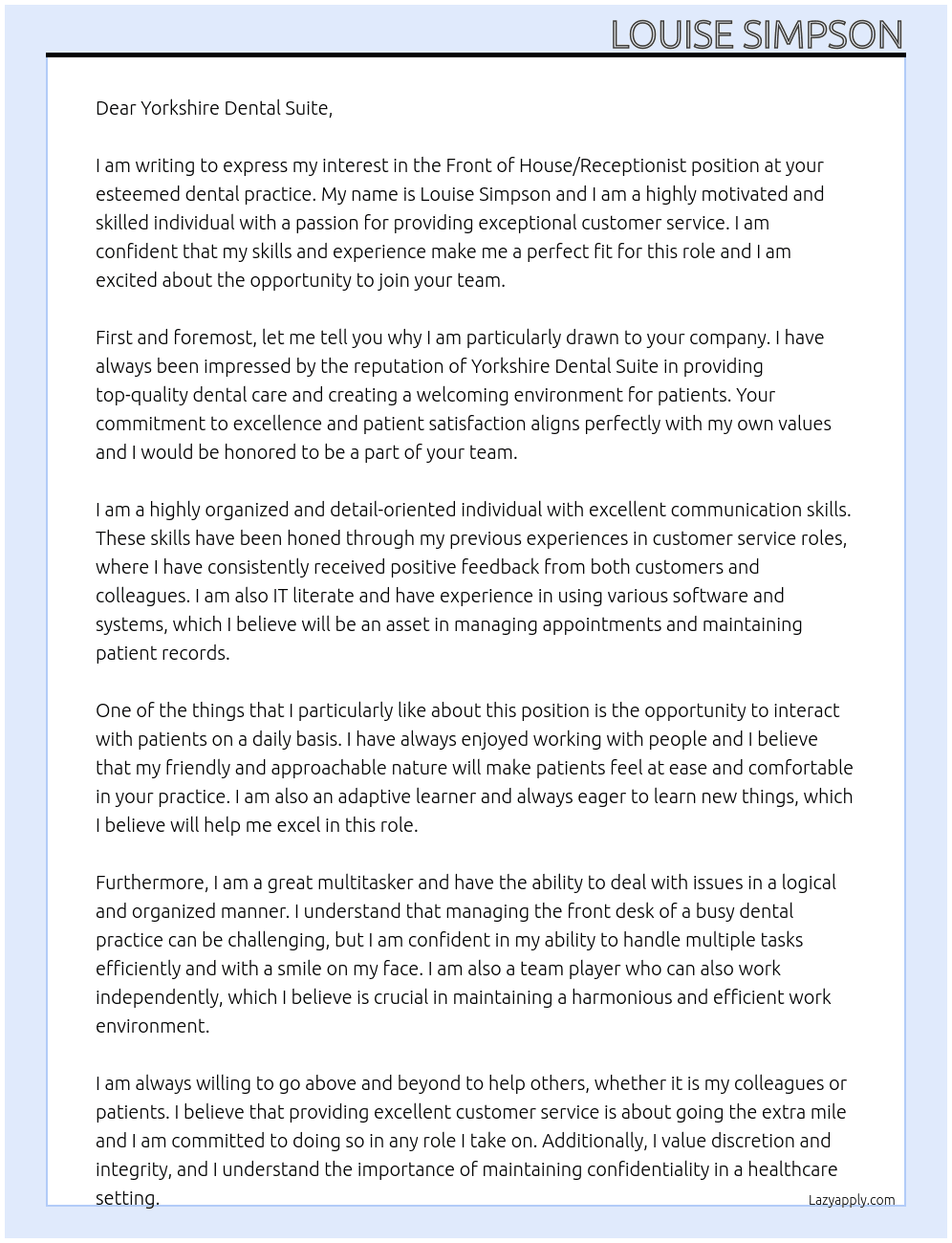 Front of House/Receptionist At Yorkshire Dental Suite Cover Letter
