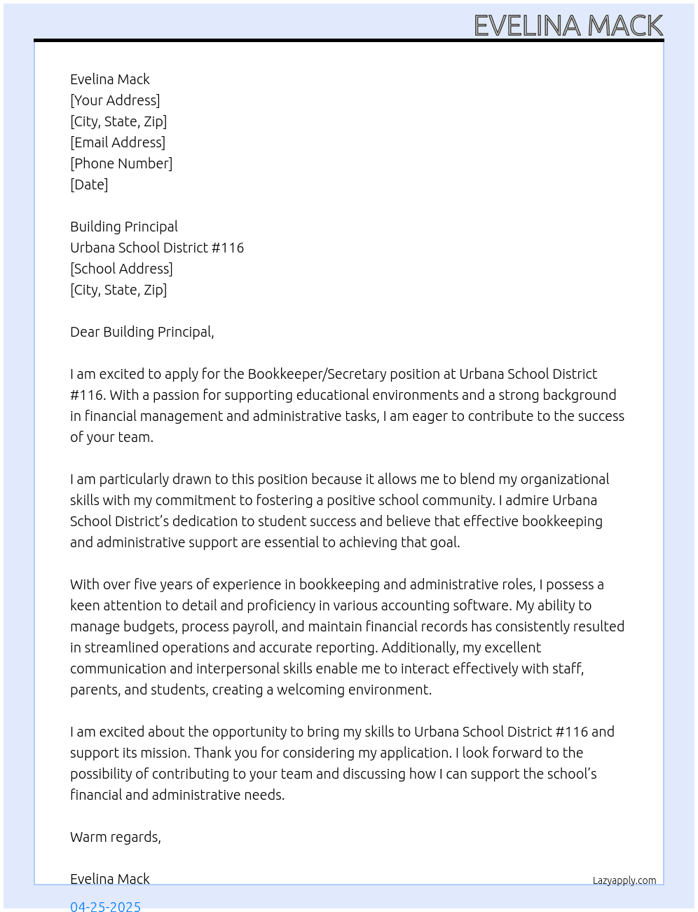 Cover letter for bookkeeper/secretary - LazyApply