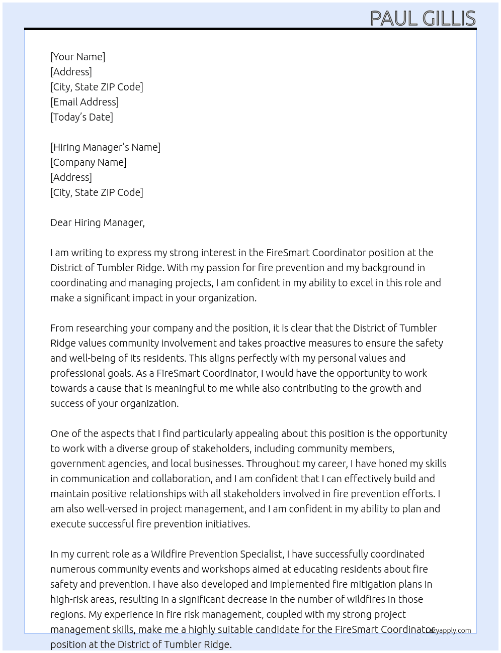 FireSmart Coordinator At District of Tumbler Ridge Cover Letter
