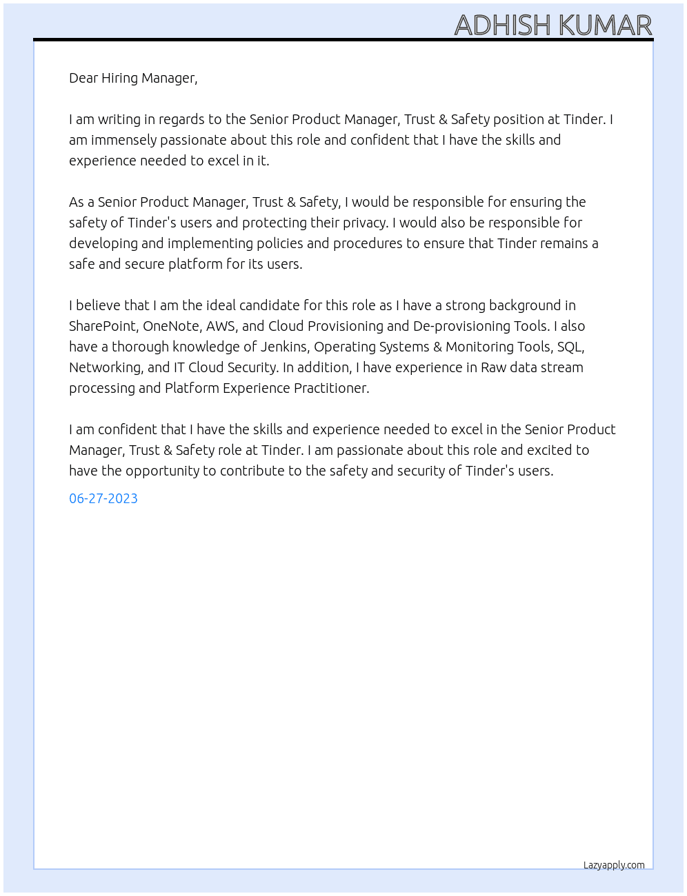 Senior Product Manager, Trust & Safety At Tinder Cover Letter