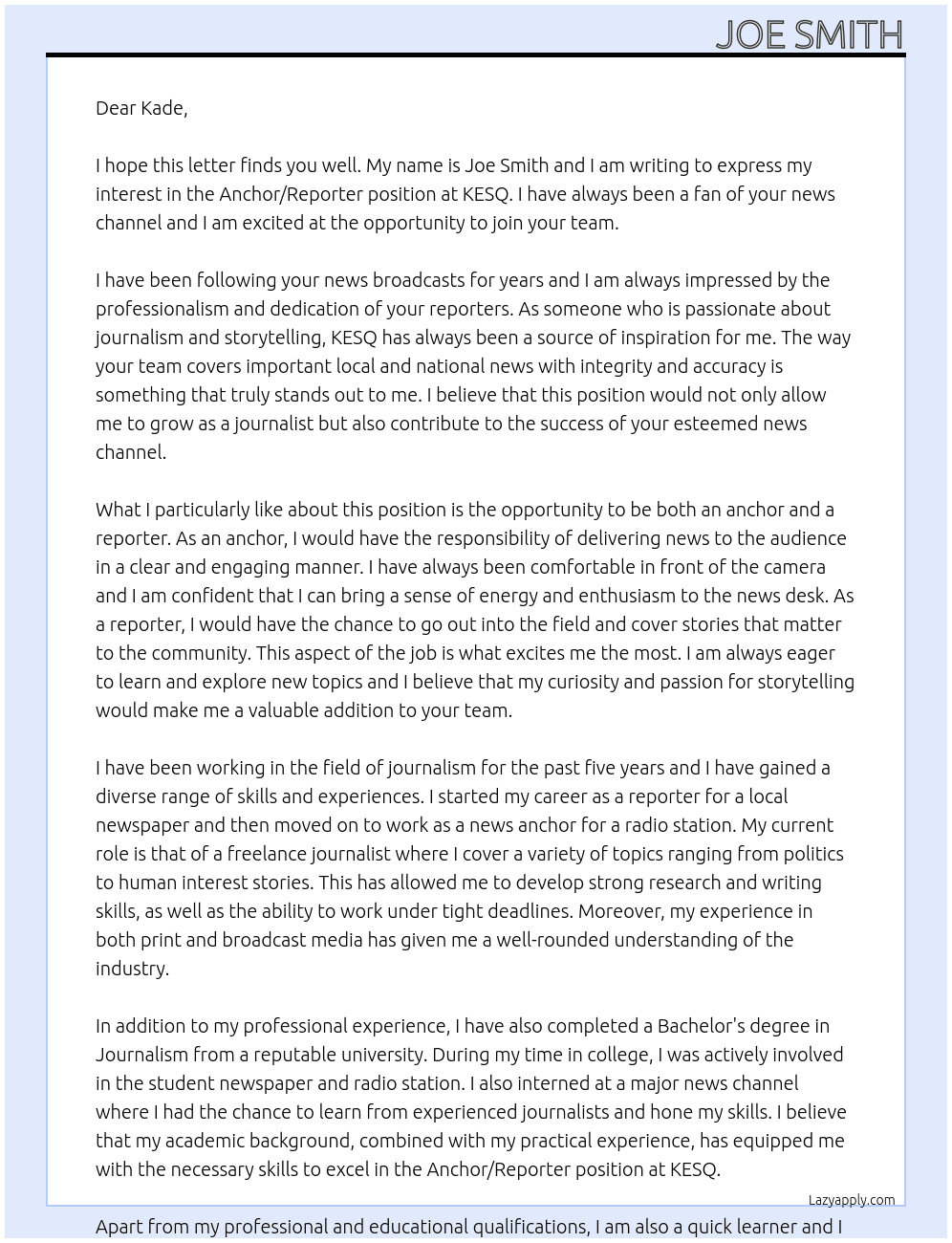 Anchor/Reporter At KESQ Cover Letter