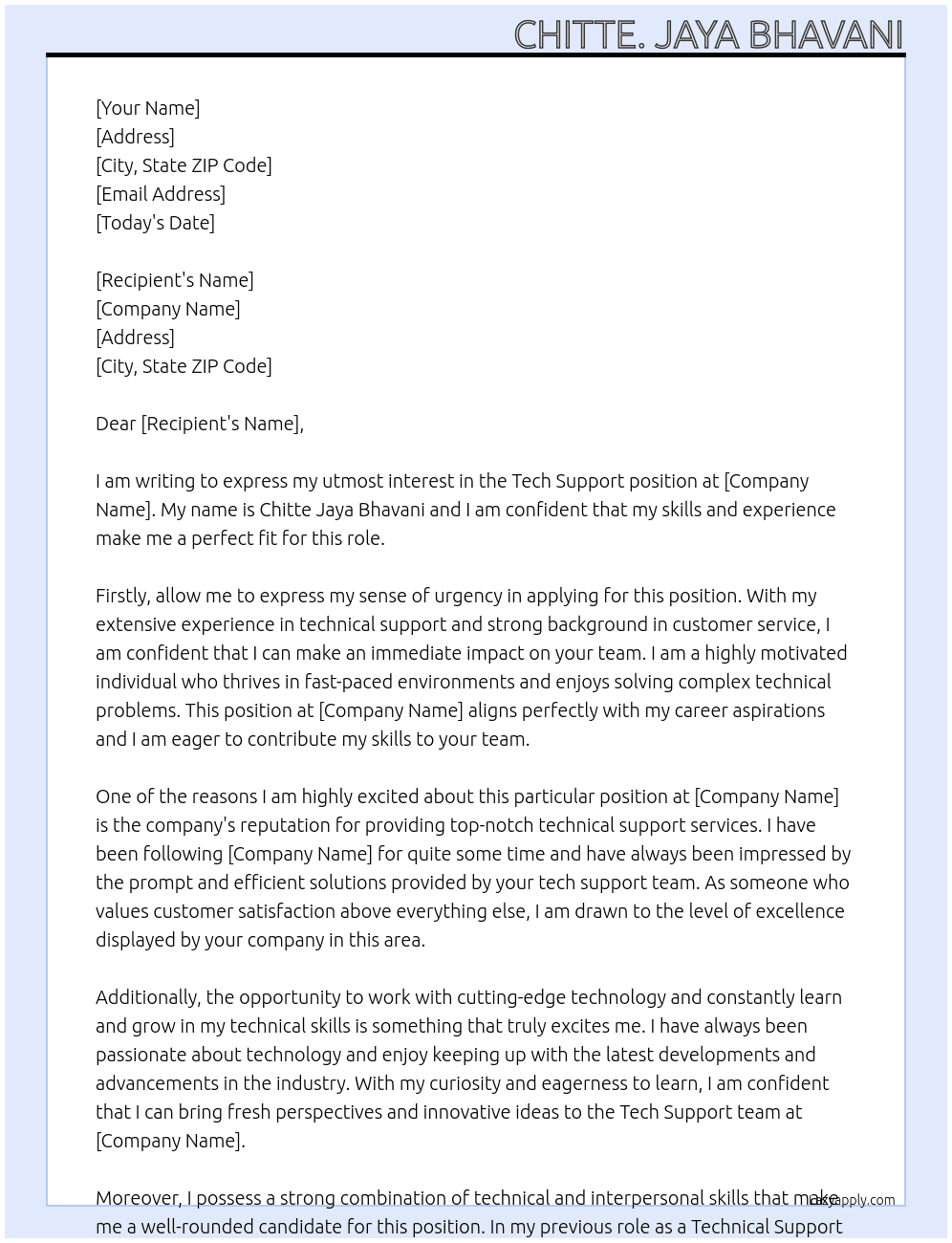 Tech support  At Tech support  Cover Letter