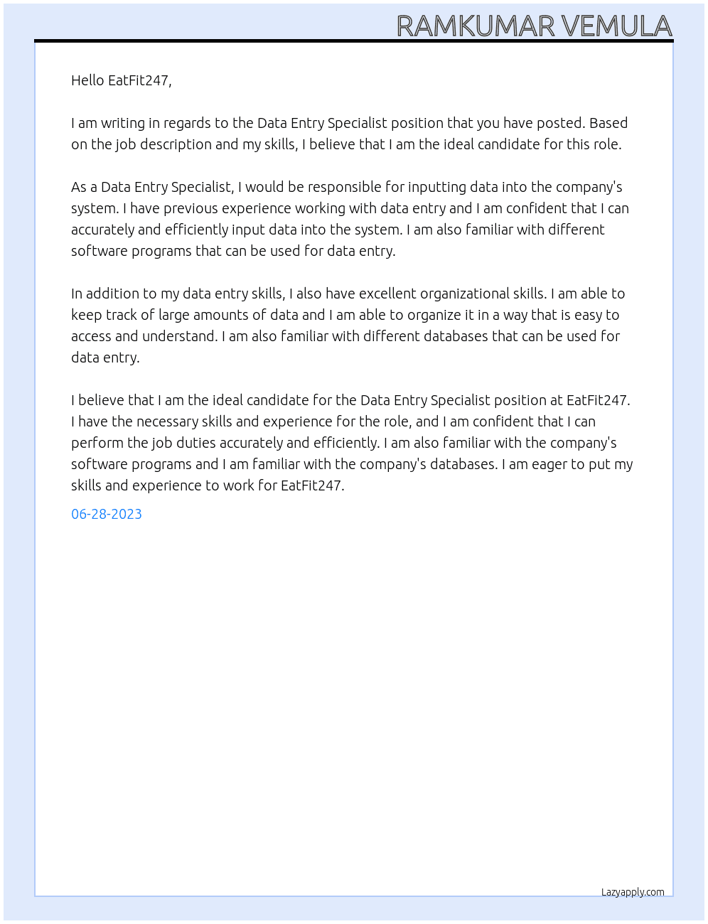 Data Entry Specialist At EatFit247 Cover Letter