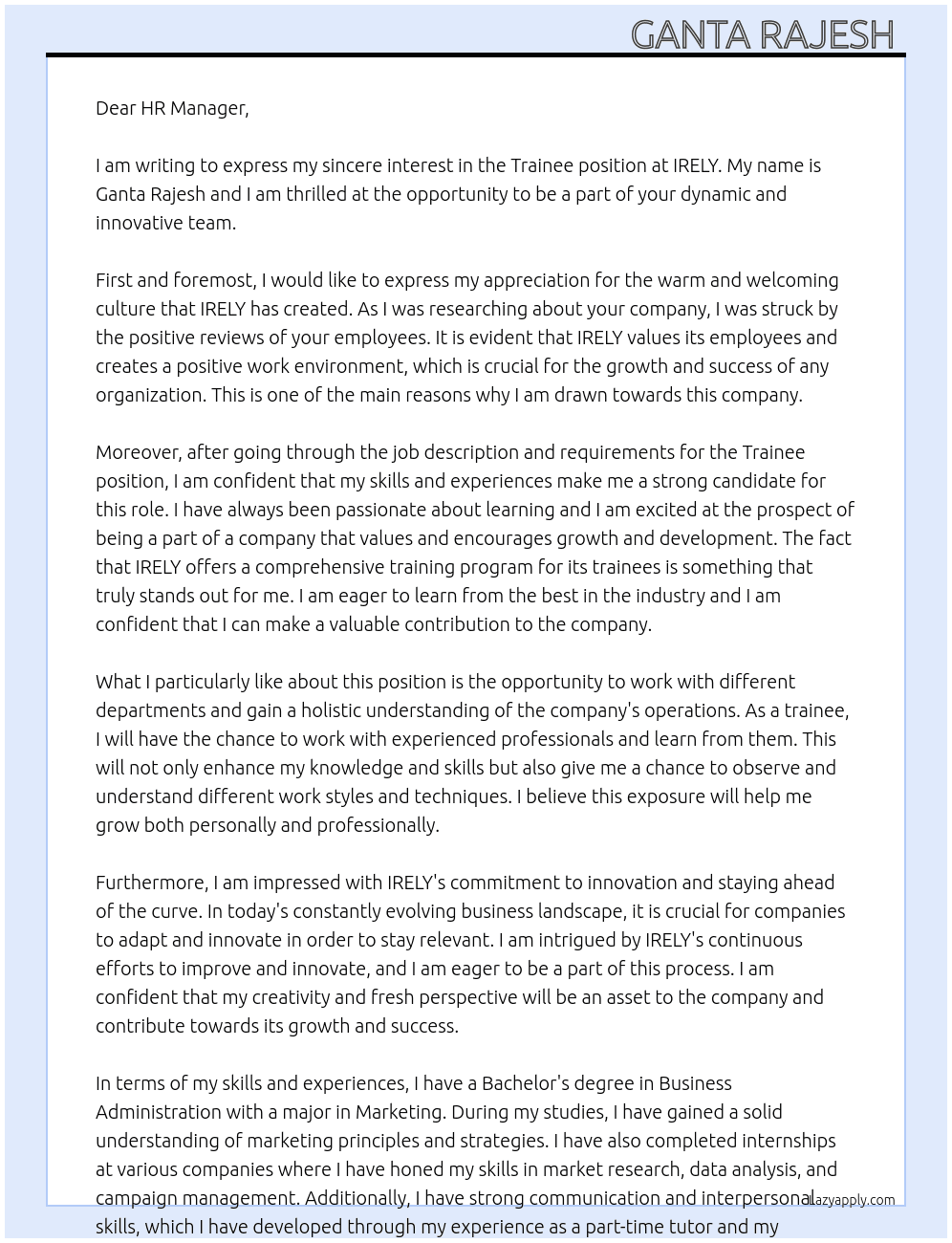 Trainee  At IRELY Cover Letter