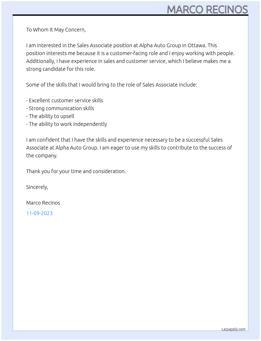 Sales Associate At Alpha Auto Group - Ottawa Cover Letter