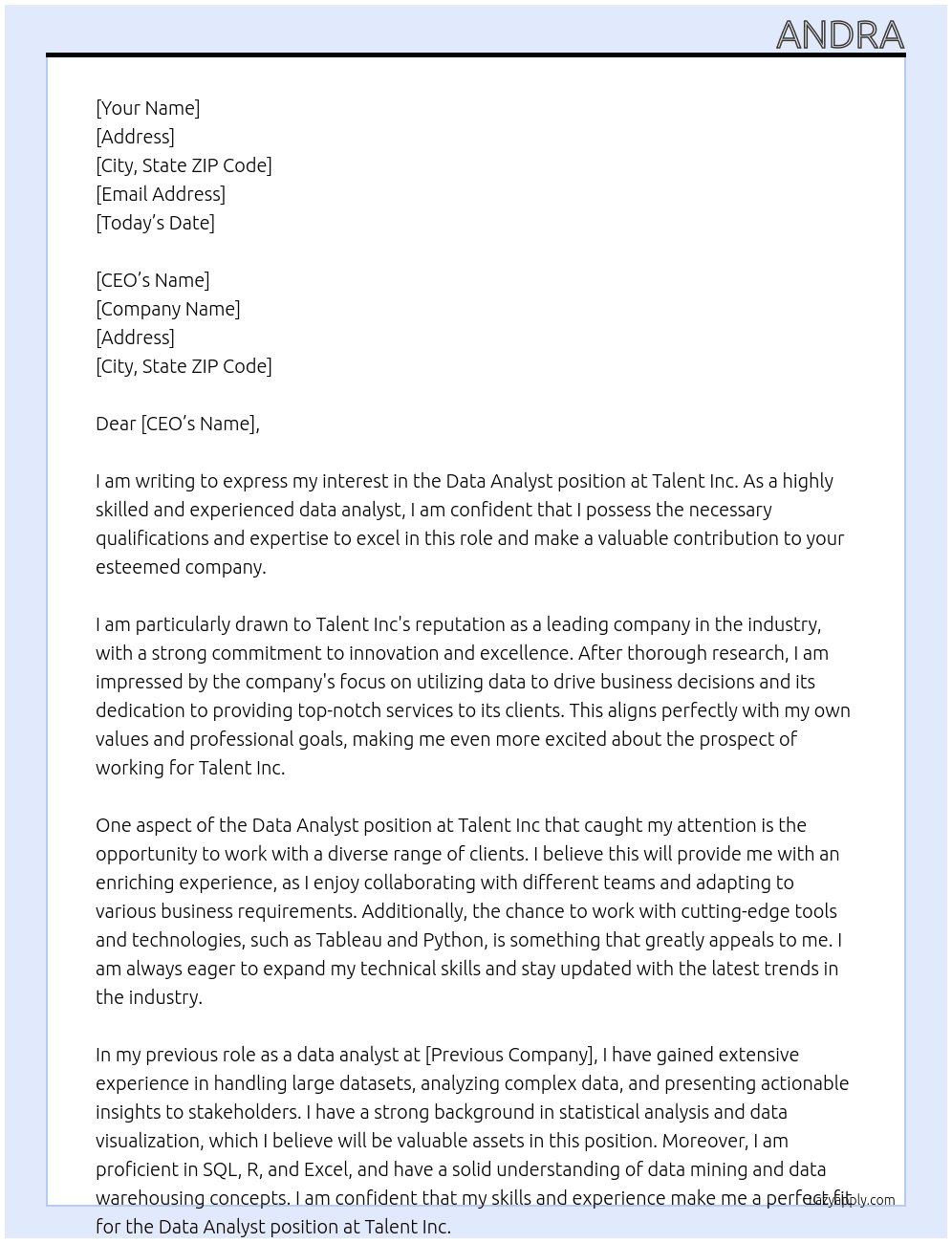 Data Analyst At Talent Inc Cover Letter