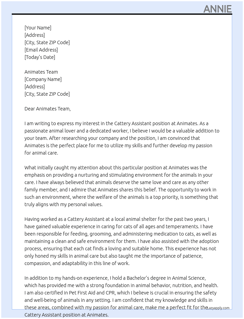 Cattery Assistant At Animates Cover Letter