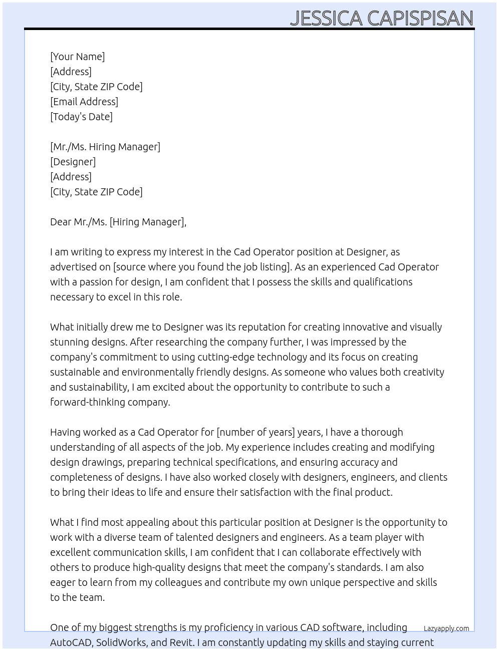Cad operator At Designer Cover Letter