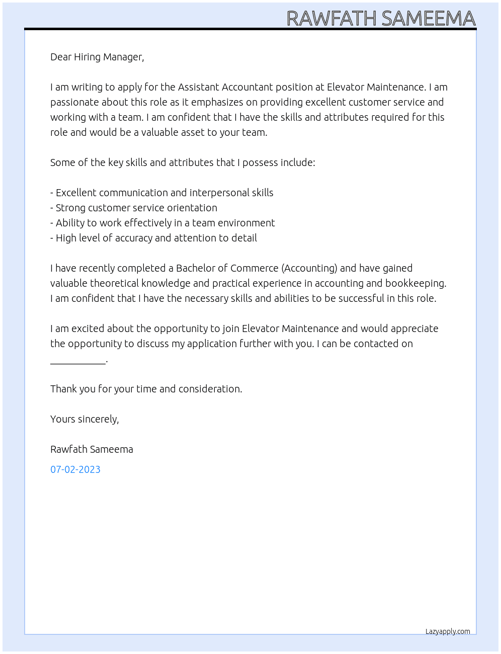 Assistant Accountant Fresher  At Elevator Maintenance  Cover Letter