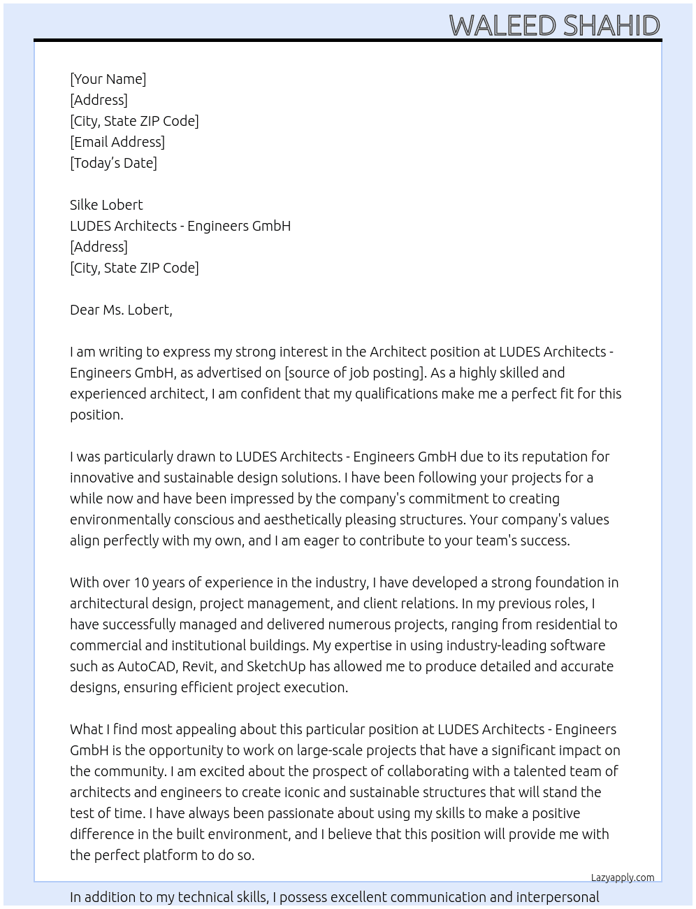 Architect At LUDES Architects - Engineers GmbH Cover Letter