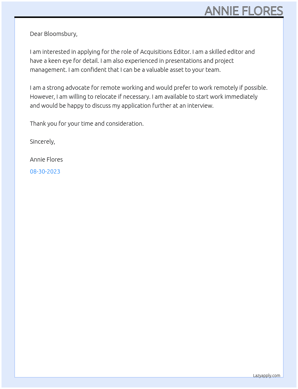 Acquistions Editor At Bloomsbury Cover Letter