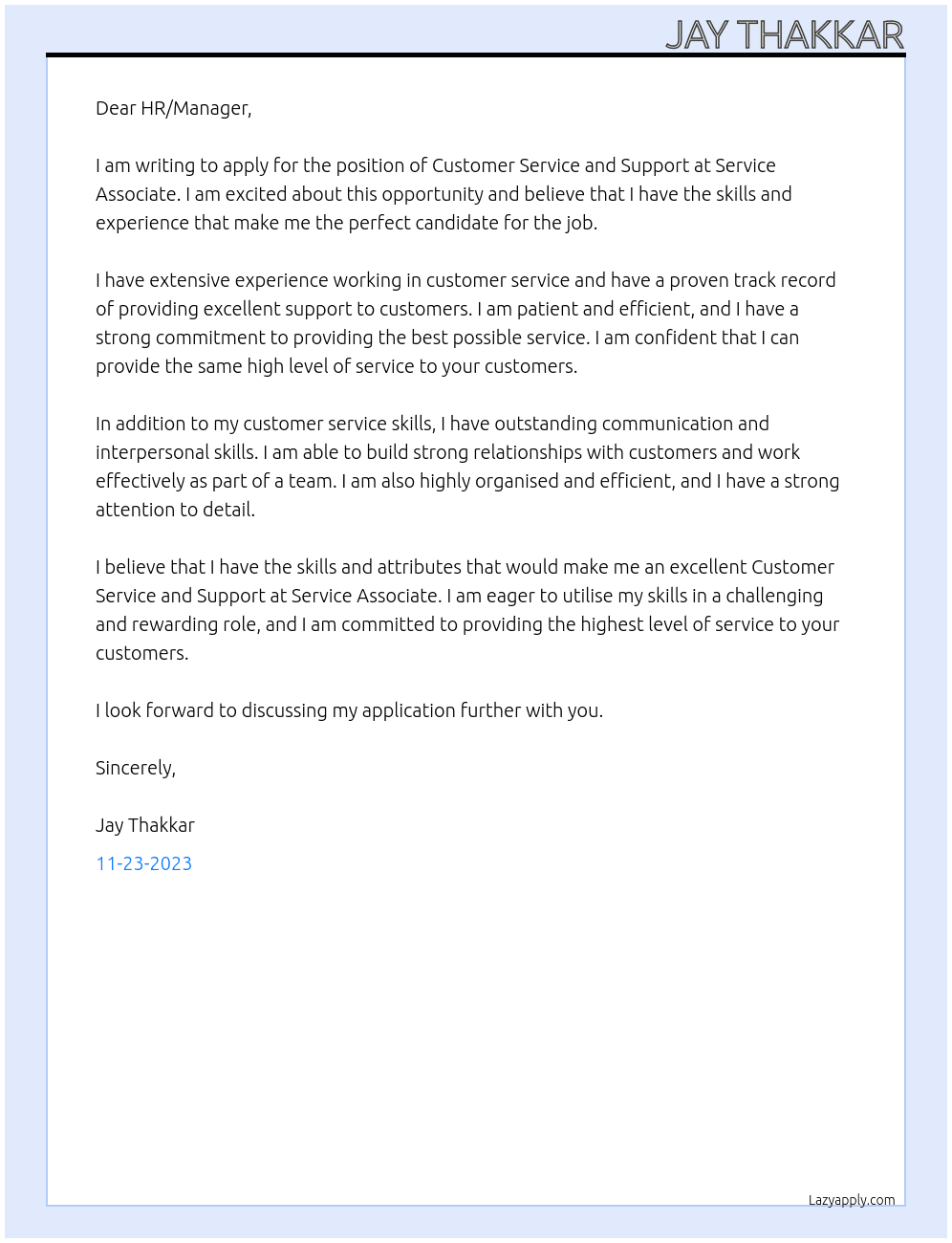 Customer Service and Support At  Service Associate Cover Letter