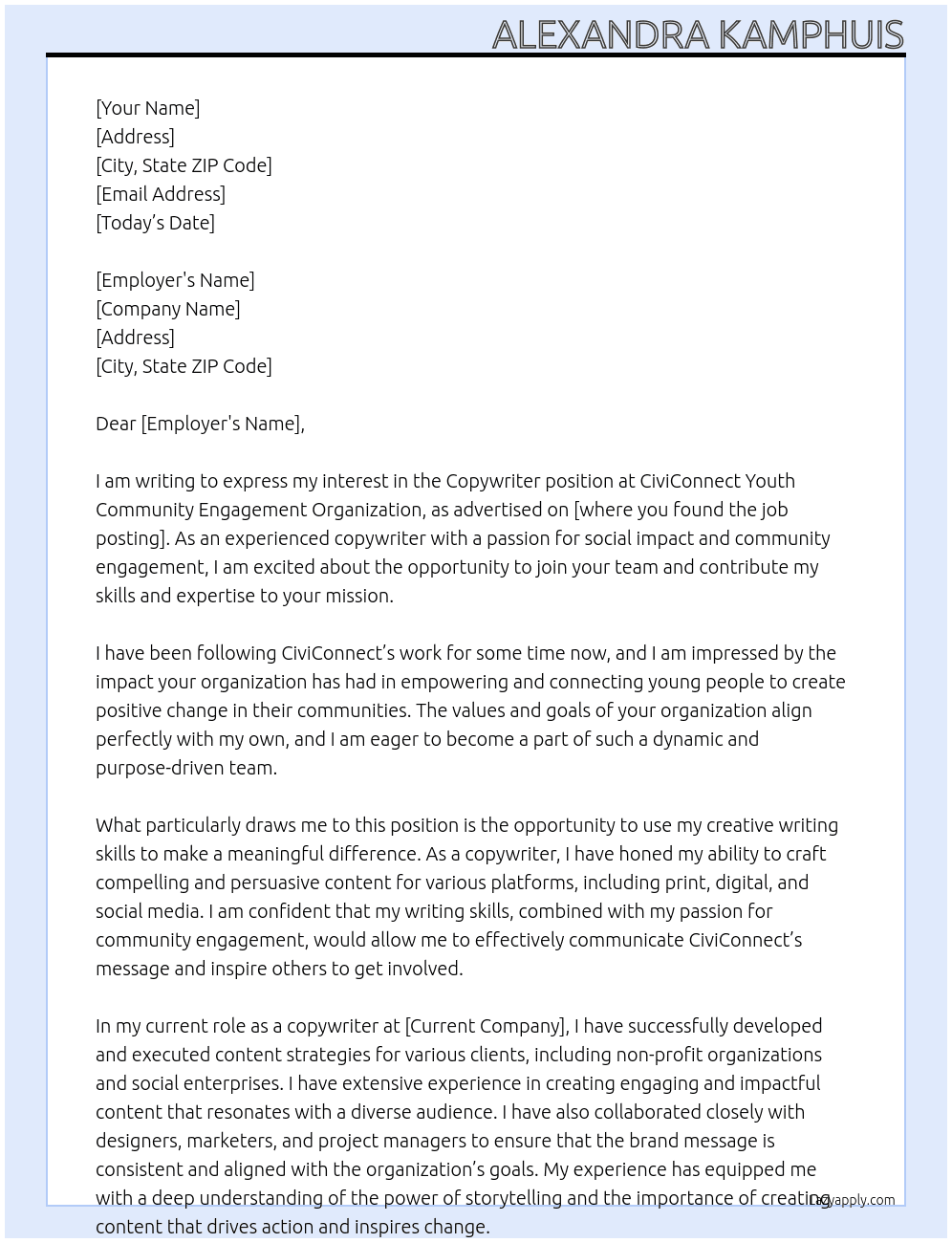 copywriter At CiviConnect Youth Community Engagement Organization Cover Letter