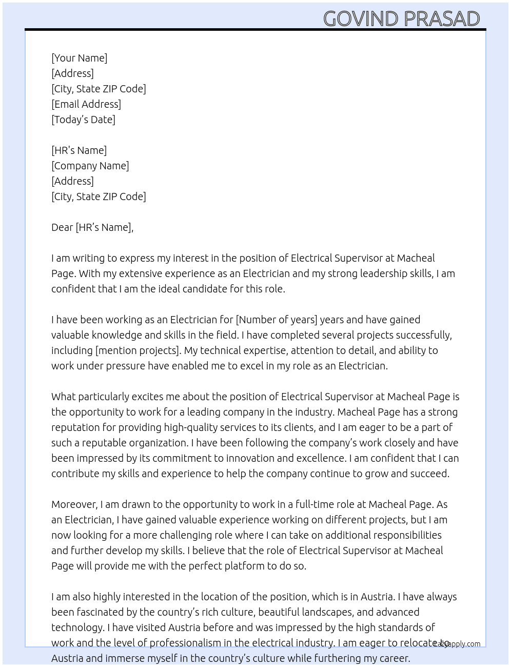 Electrical supervisor  At Macheal page Cover Letter