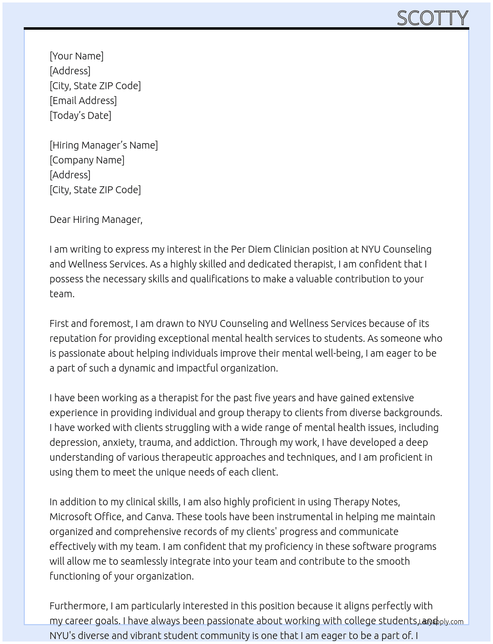 Per Diem Clinician At NYU Counseling and Wellness Services Cover Letter
