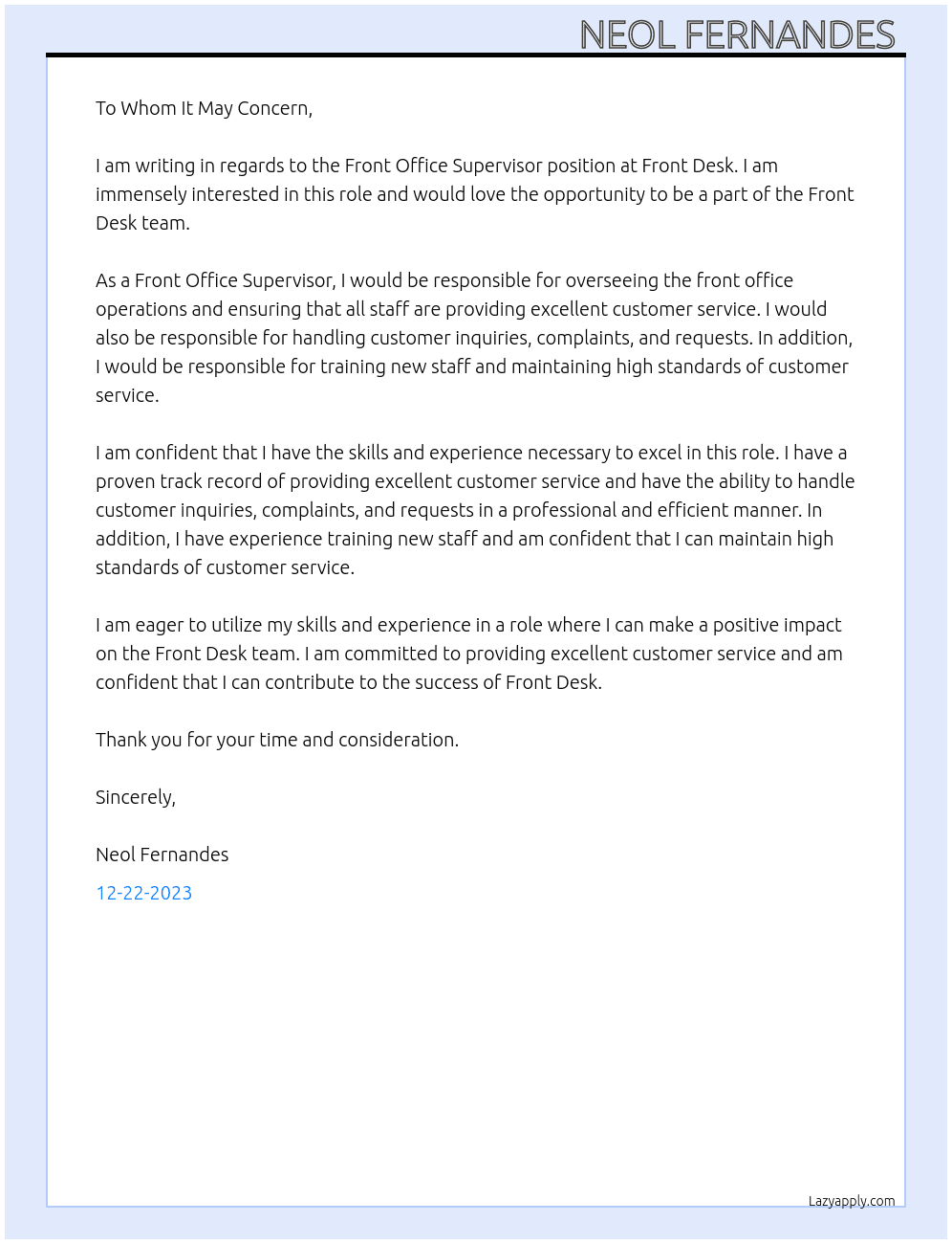 Front office supervisor  At Front Desk  Cover Letter