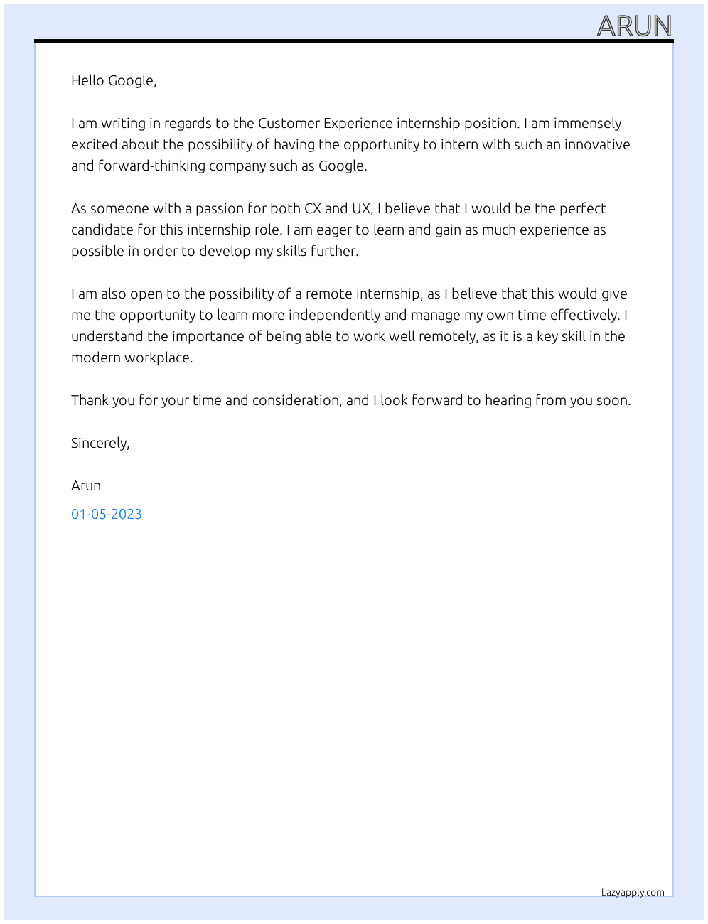 Customer Experience  At Google Cover Letter