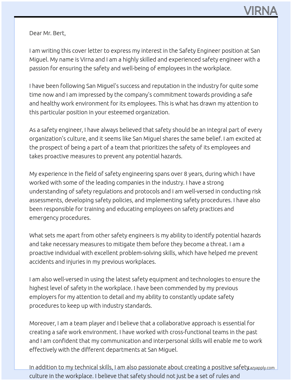 Safety Engineer At San Miguel Cover Letter