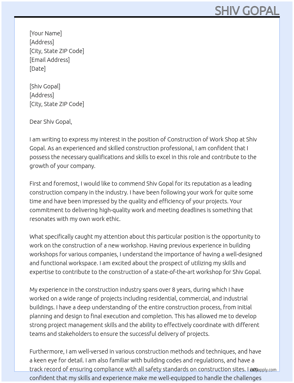 Construction of work shop At Shiv gopal Cover Letter