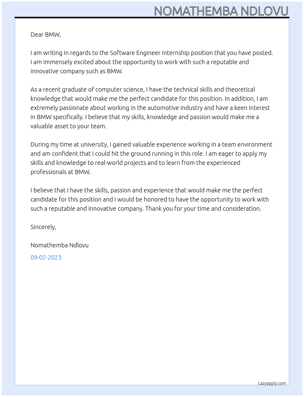 Software Engineer Internship  At BMW Cover Letter