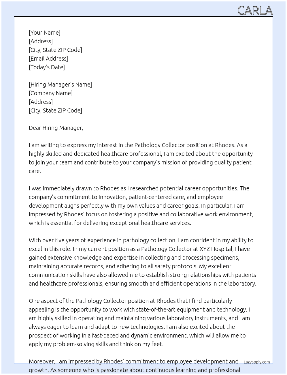 Pathology collector  At Rhodes Cover Letter